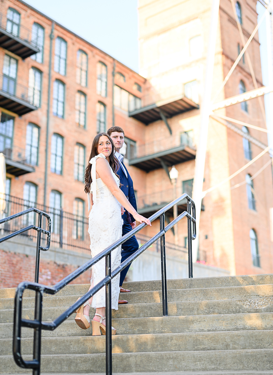 engaged couple at Chattahoochee Riverwalk in Columbus Georgia 